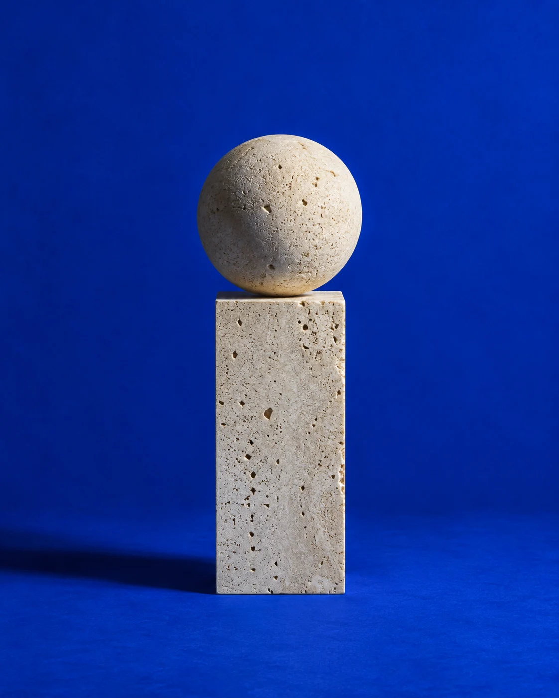 A simple stone sculpture against a blue backdrop